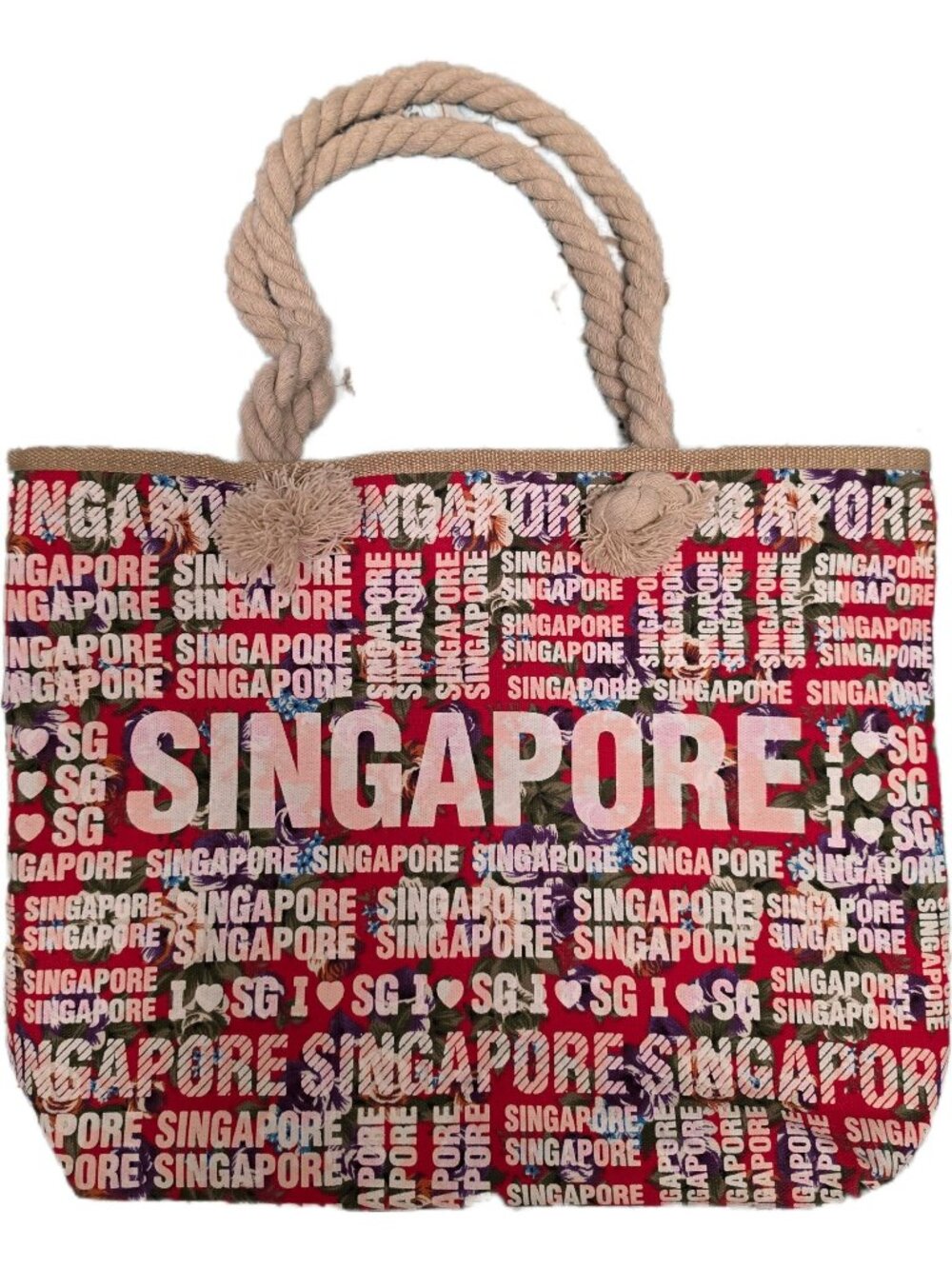 Singapore Souvenir Large Beach Tote Bag Red Floral Rope Handle Cottagecore